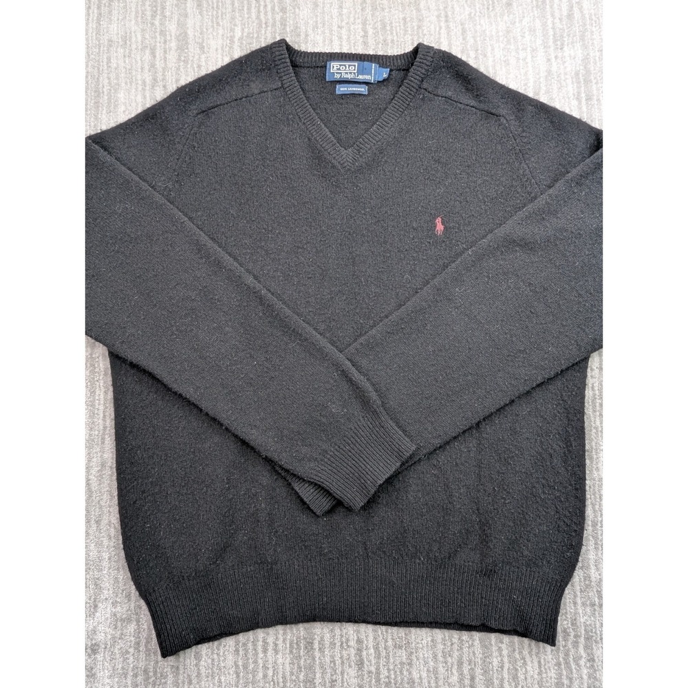 Polo Ralph Lauren 100% Lambswool Sweater Men's Size L Black V-Neck Soft Logo